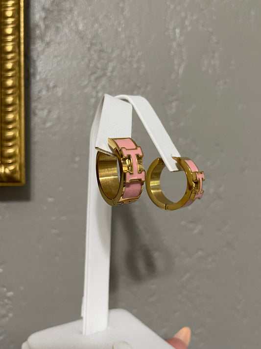 Pink Herm Stainless Steel Gold Hoop Earrings