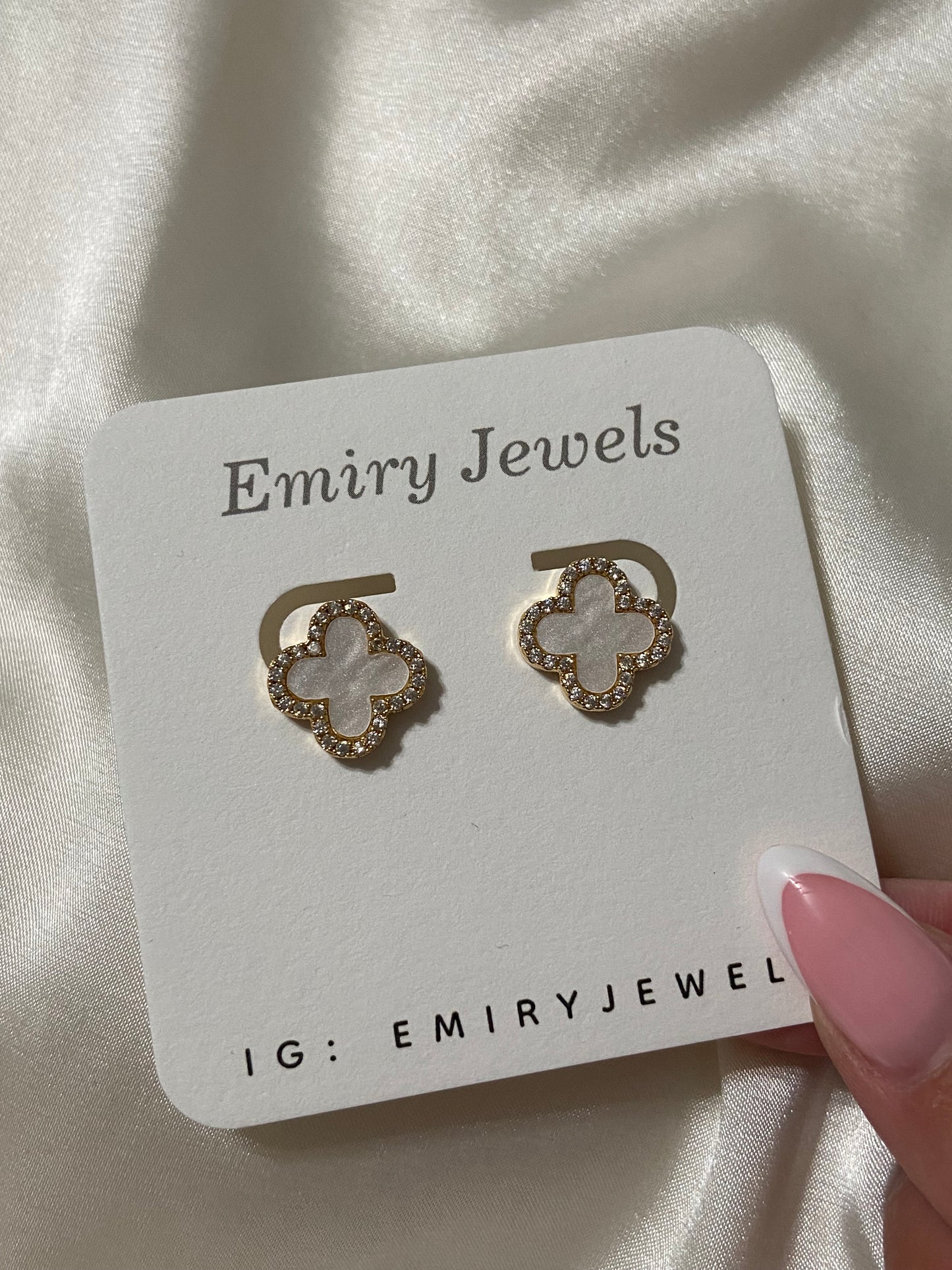 Mother of Pearl Clover CZ Stainless Steel Gold Earrings
