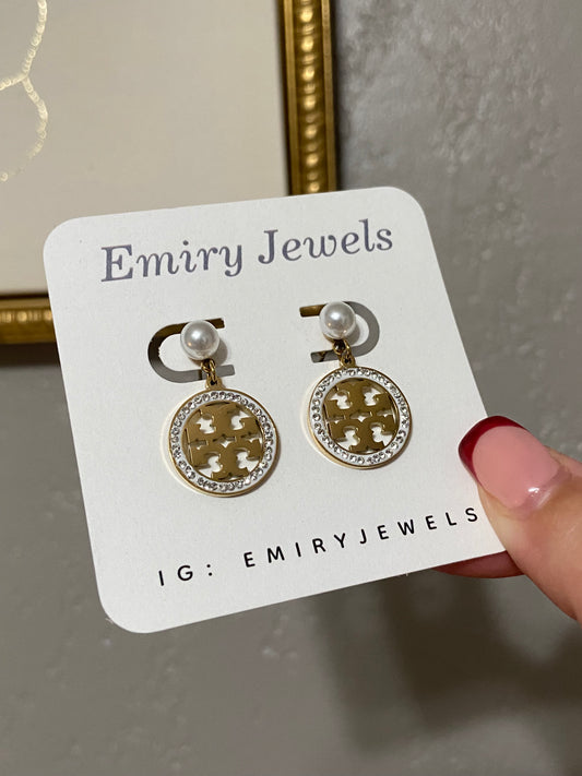 Tory B Pearl Drop CZ Stainless Steel Gold Earrings