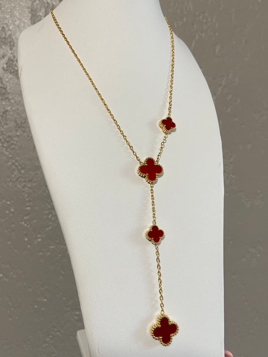 Burgundy Clovers V-Cut Stainless Steel Gold Necklace