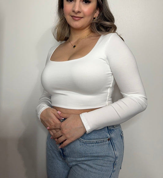 White Double Layered Long Sleeve Crop Top