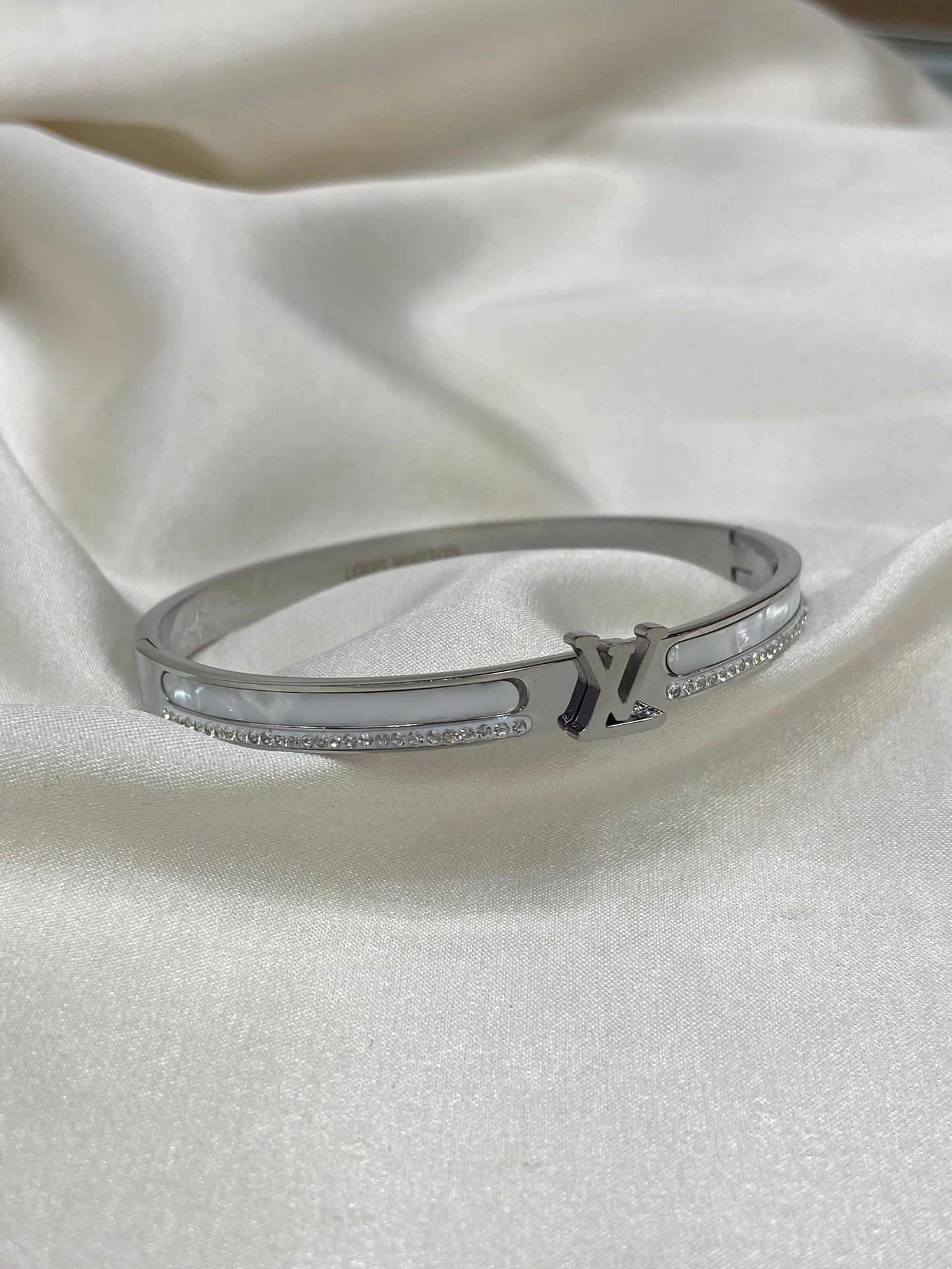 LV Mother of Pearl CZ Stainless Steel Silver Bangle
