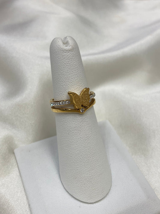 Gold Butterfly CZ Stainless Steel Ring