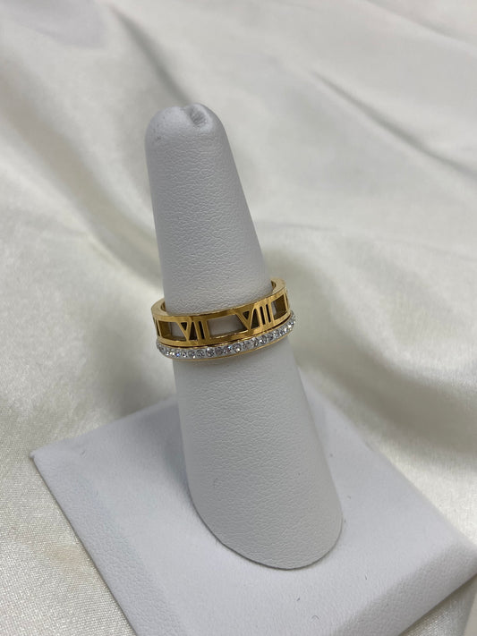 Gold CZ Layered Roman Numeral Stainless Steel Ring