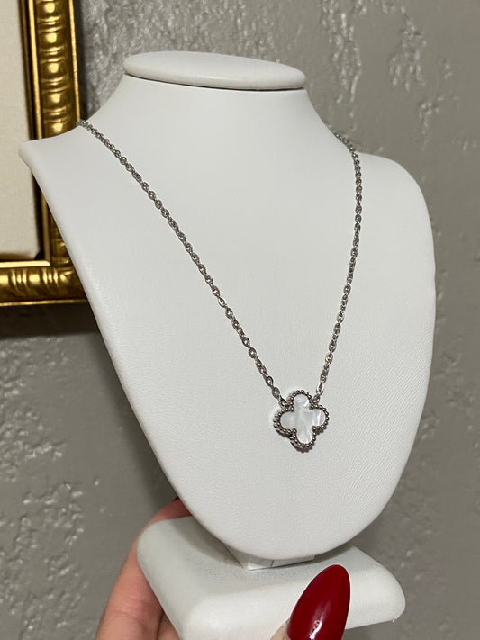 V C A White Clover Stainless Steel Silver Necklace