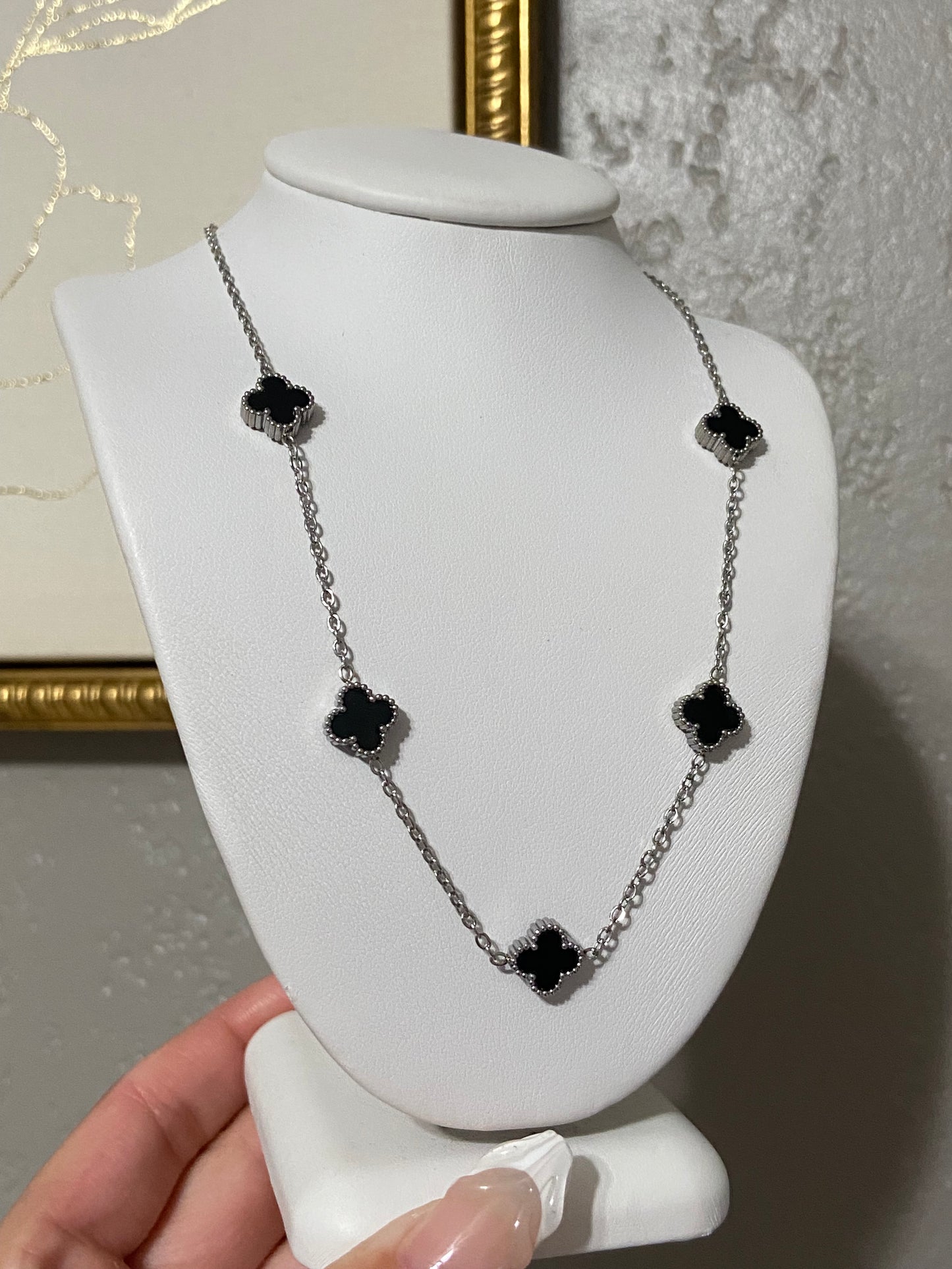Mini Black Clovers Stainless Steel Silver Necklace
