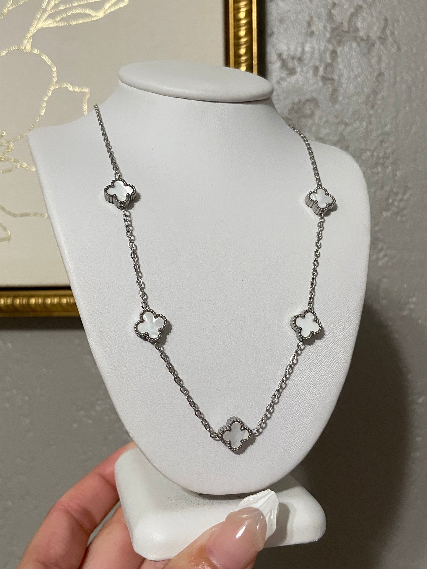 Mini White Clovers Stainless Steel Silver Necklace