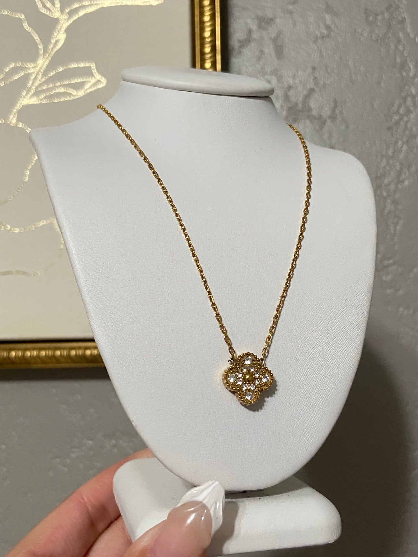 V C A Gold Clover CZ Stainless Steel Necklace