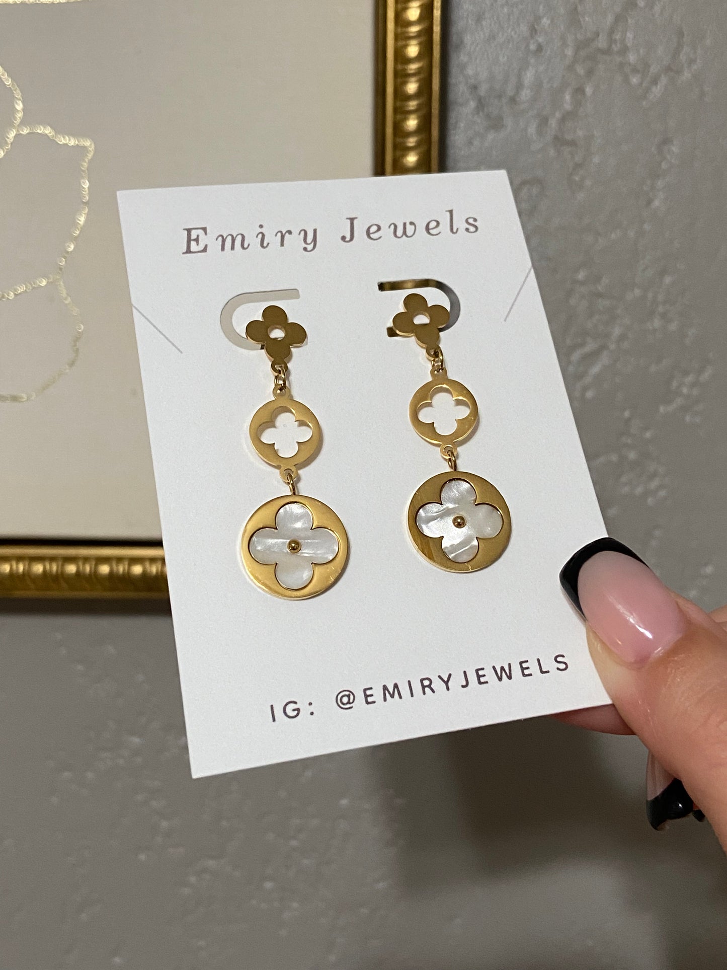 White Clover Dangle Stainless Steel Gold Earrings