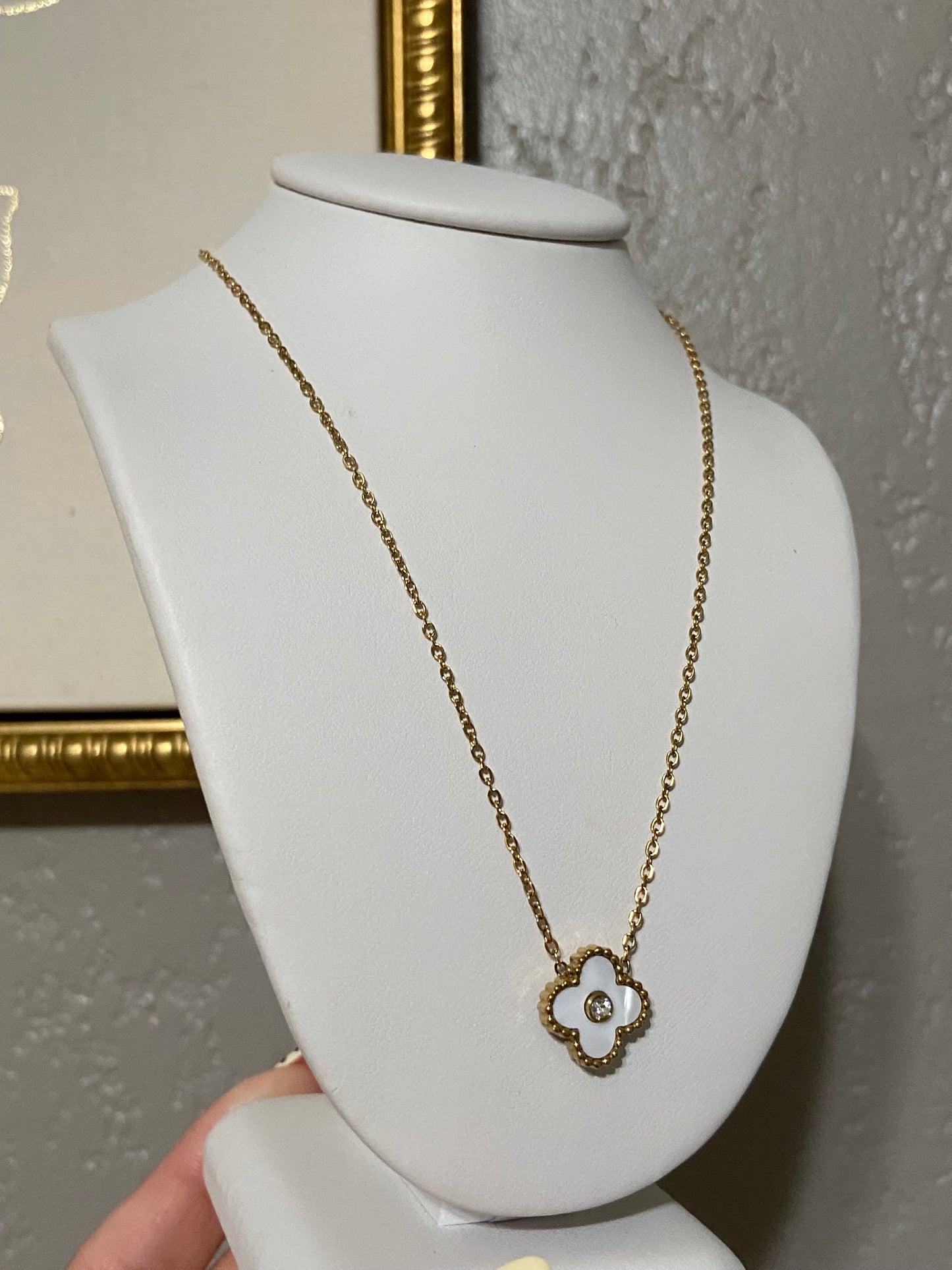 White Clover CZ Stainless Steel Gold Necklace