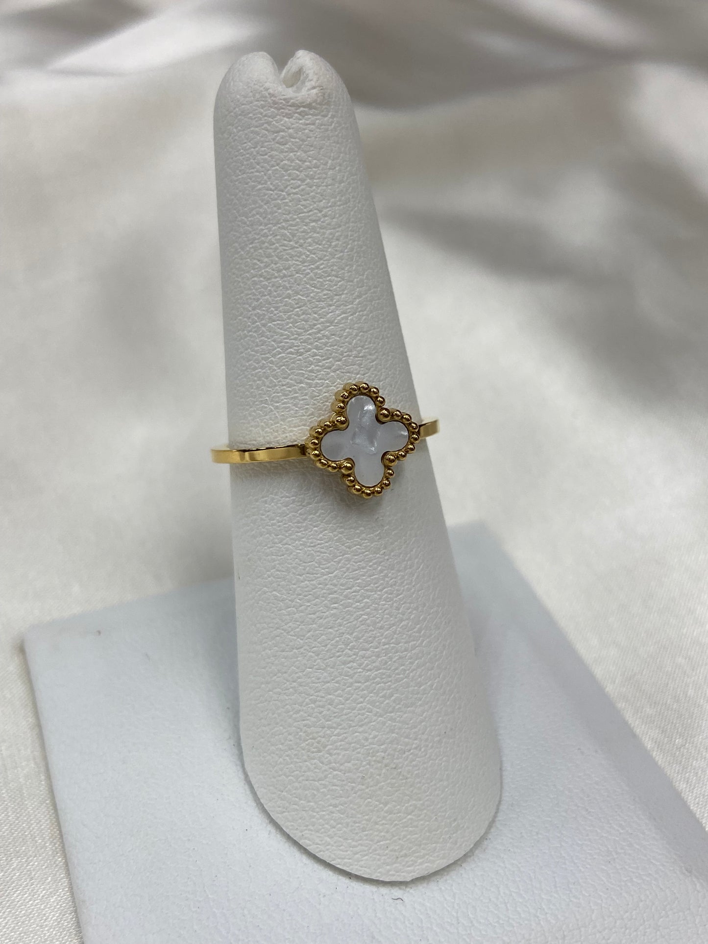 Mini Mother Of Pearl Clover Stainless Steel Dainty Ring