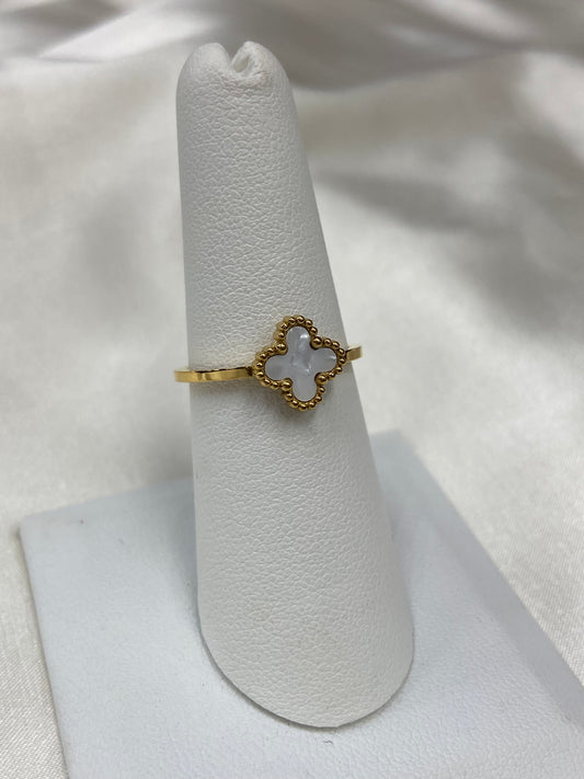 Mini Mother Of Pearl Clover Stainless Steel Dainty Ring