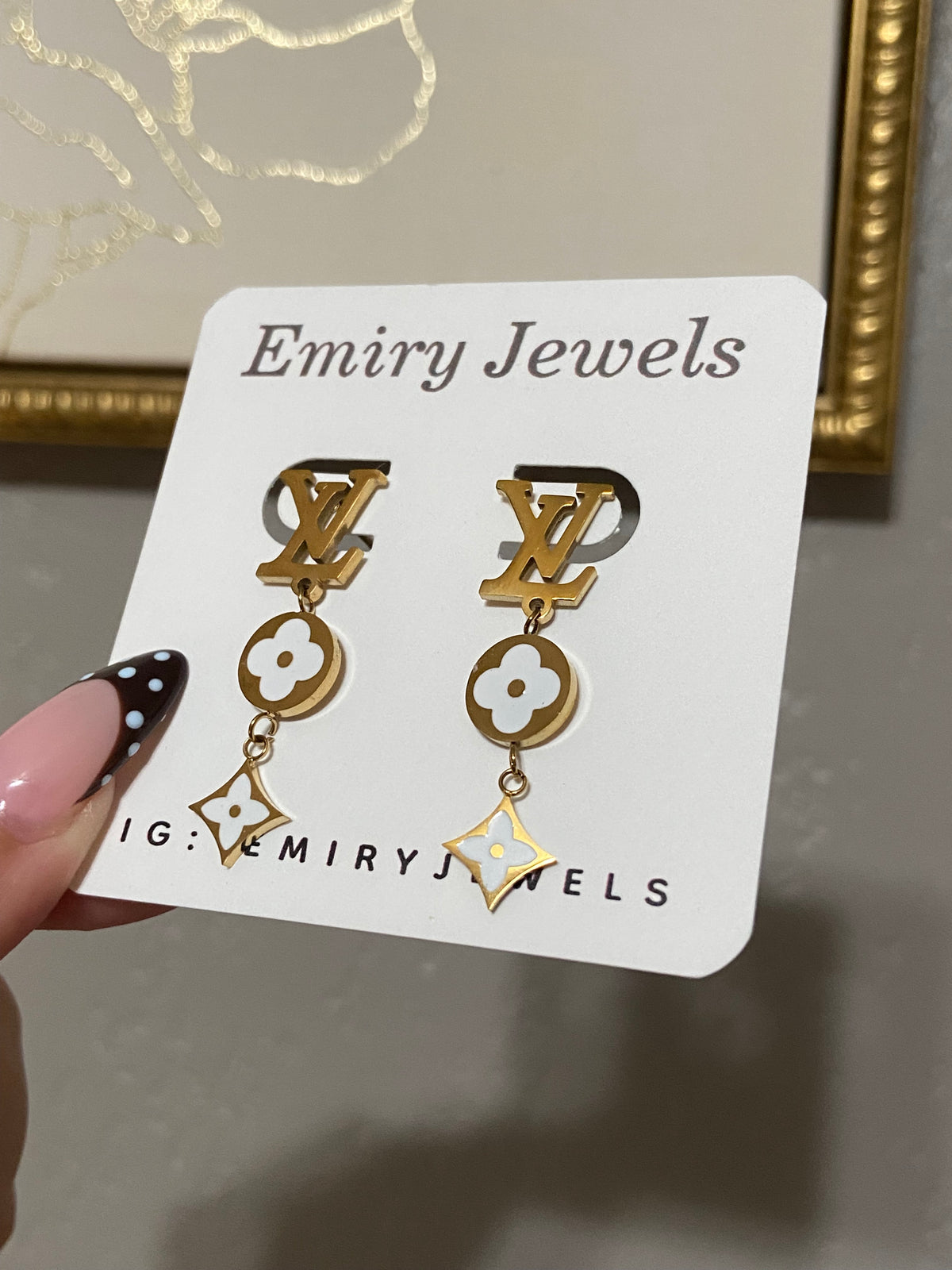 White Flowers LV Stainless Steel Gold Drop Earrings