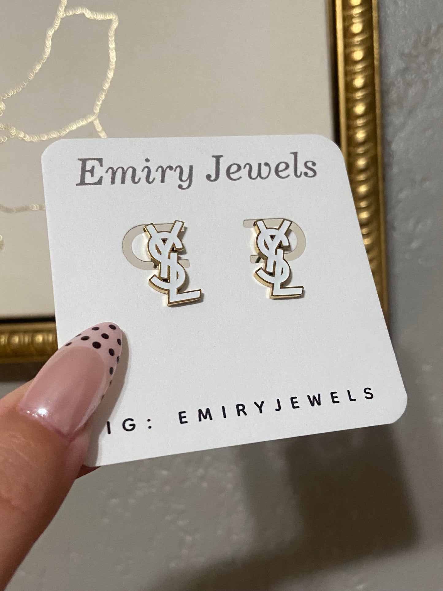 White Y S L Stainless Steel Gold Earrings