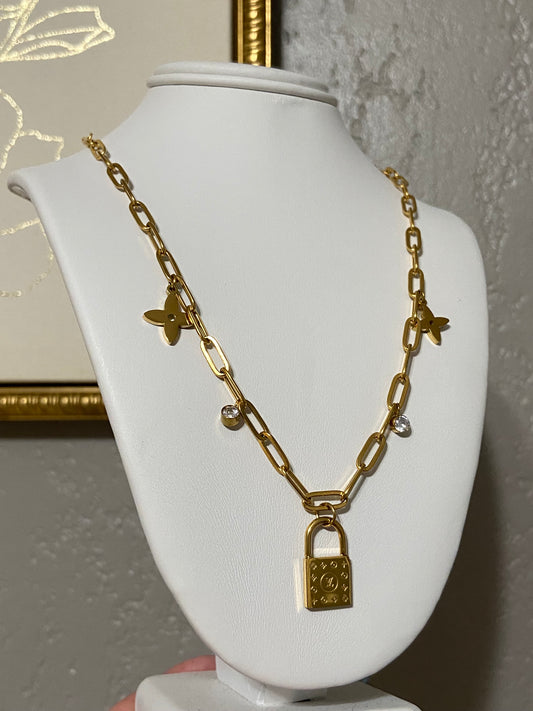 LV Lock Charm Stainless Steel Gold Necklace