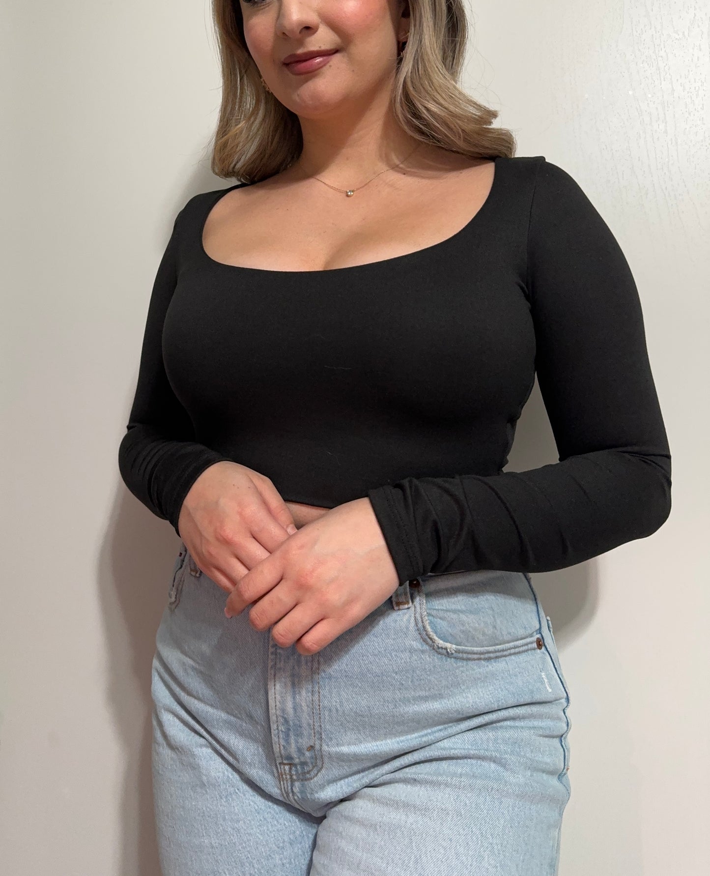 Black Double Layered Long Sleeve Crop Top