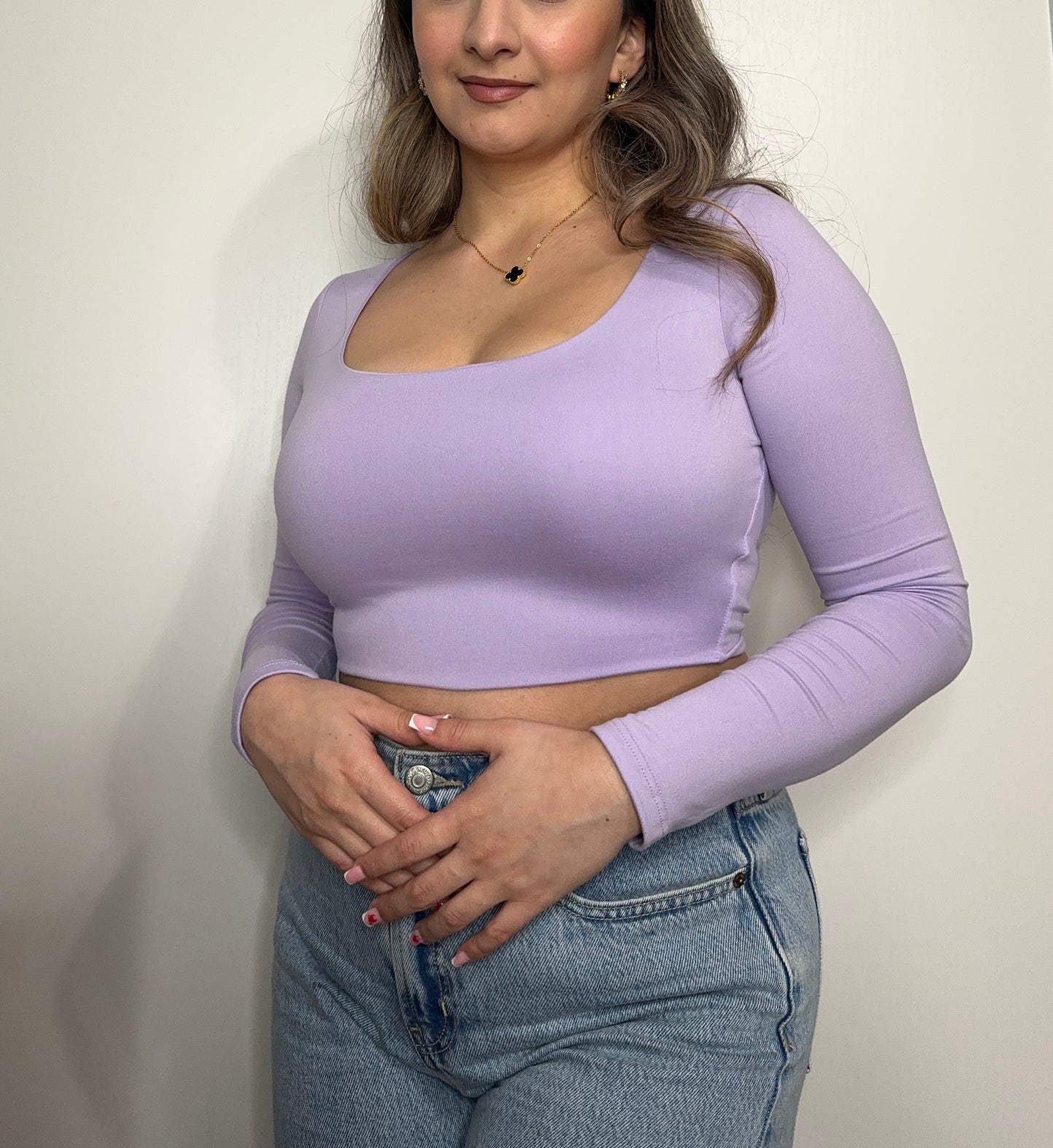 Lavender Double Layered Long Sleeve Crop Top
