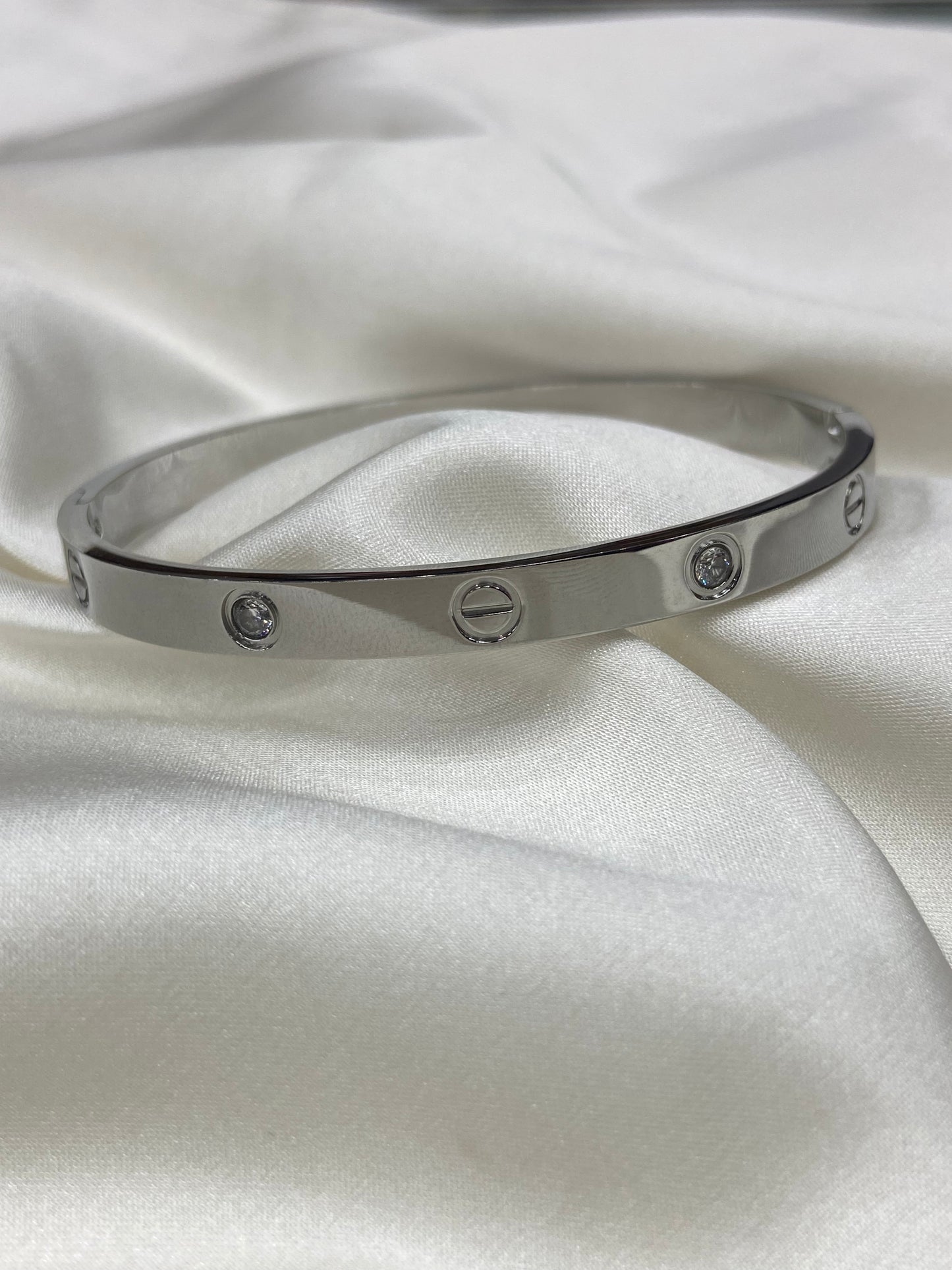 Silver Carti CZ Stainless Steel Bangle - engraved