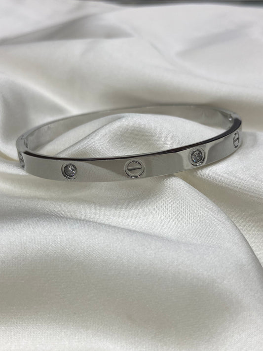 Silver Carti CZ Stainless Steel Bangle - engraved