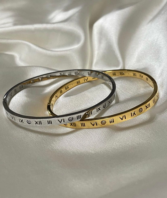 Gold Roman Numeral Thin Stainless Steel Bangle