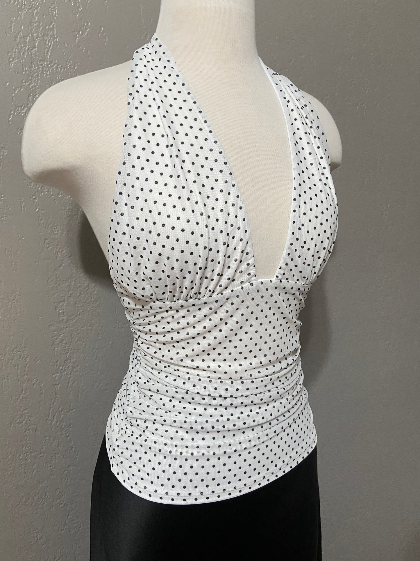 White Polka Dot Ruched Halter Top