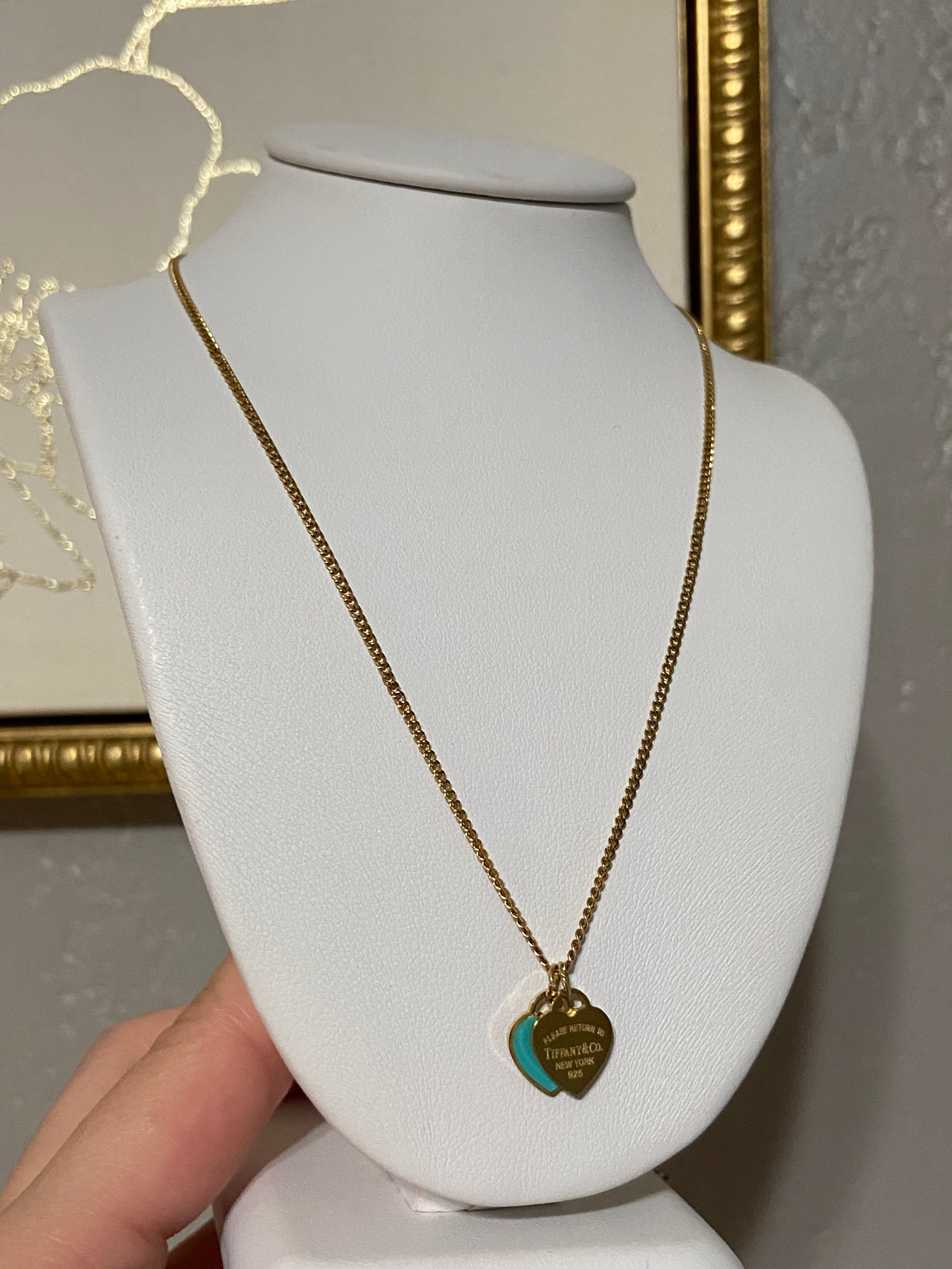 Tiff & Co Mini Blue Heart Stainless Steel Gold Necklace