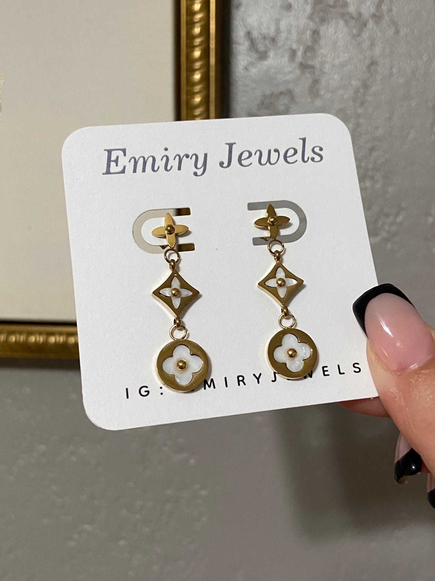 White Clover L V Drop Stainless Steel Gold Earrings