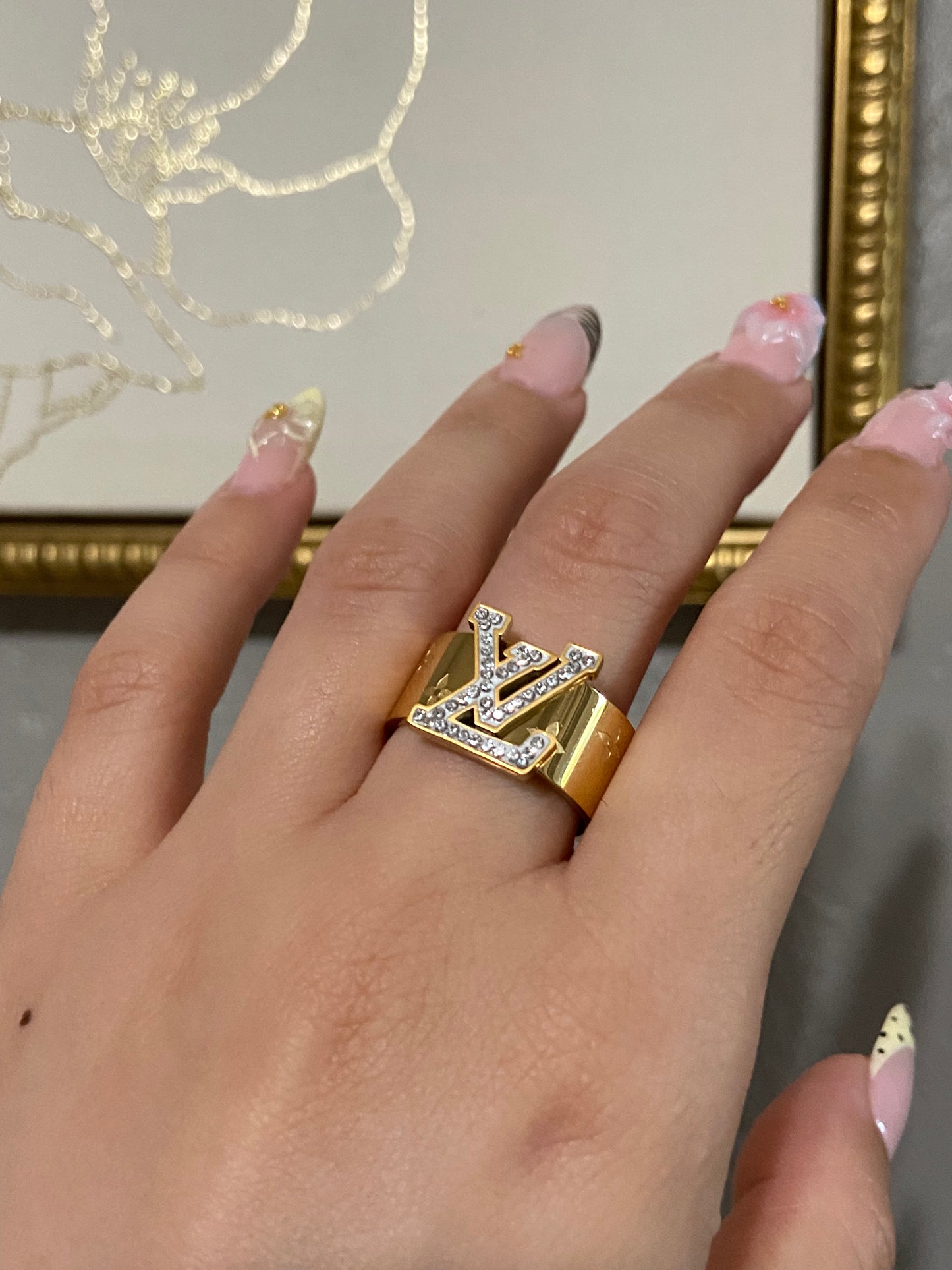 LV CZ Stainless Steel Gold Ring
