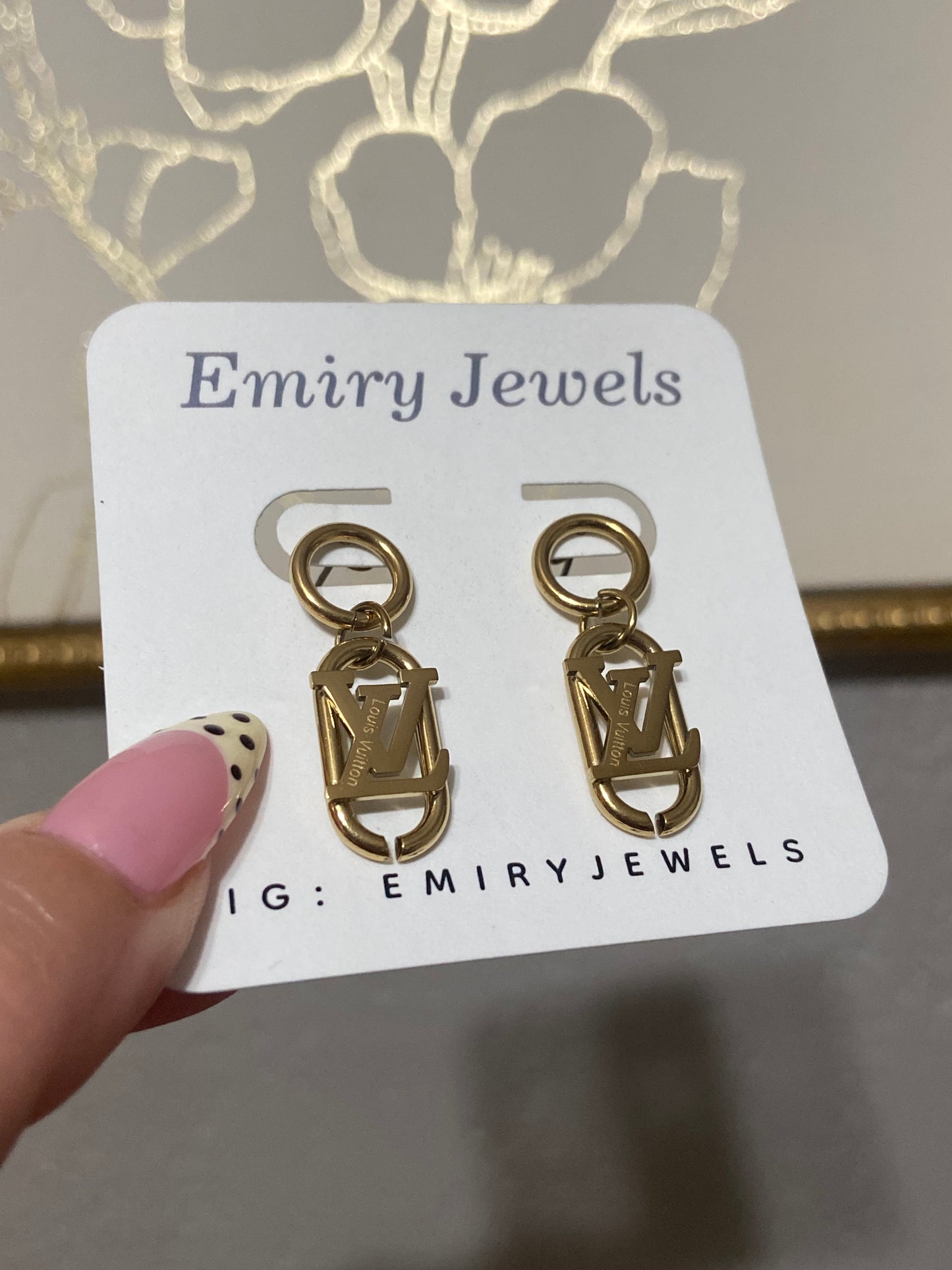 LV Stainless Steel Gold Oval Drop Earrings