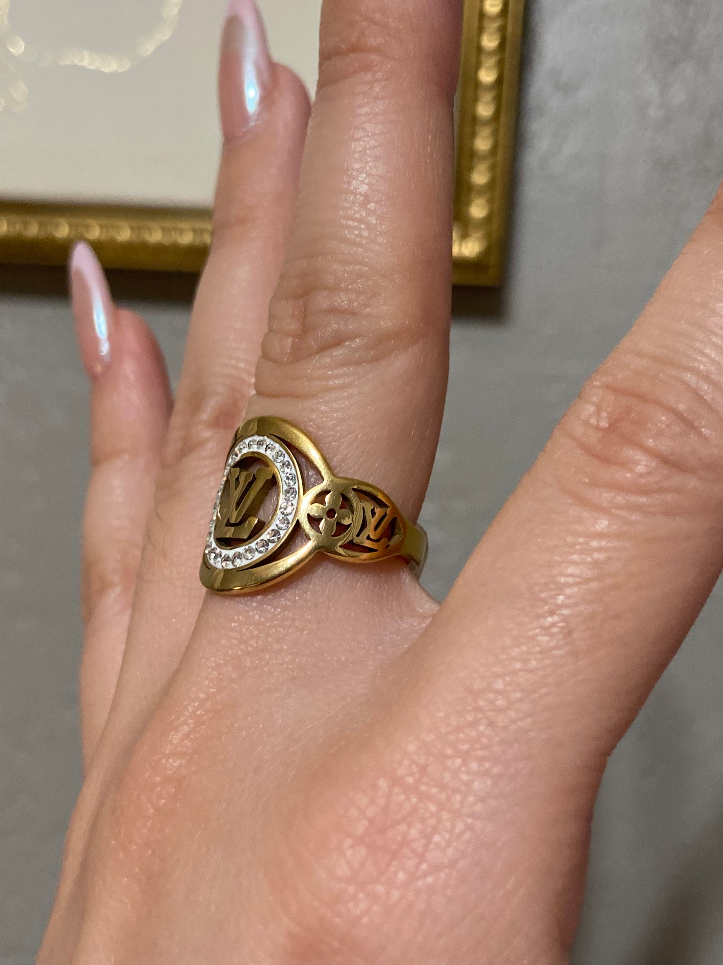 LV CZ Circle Stainless Steel Gold Ring
