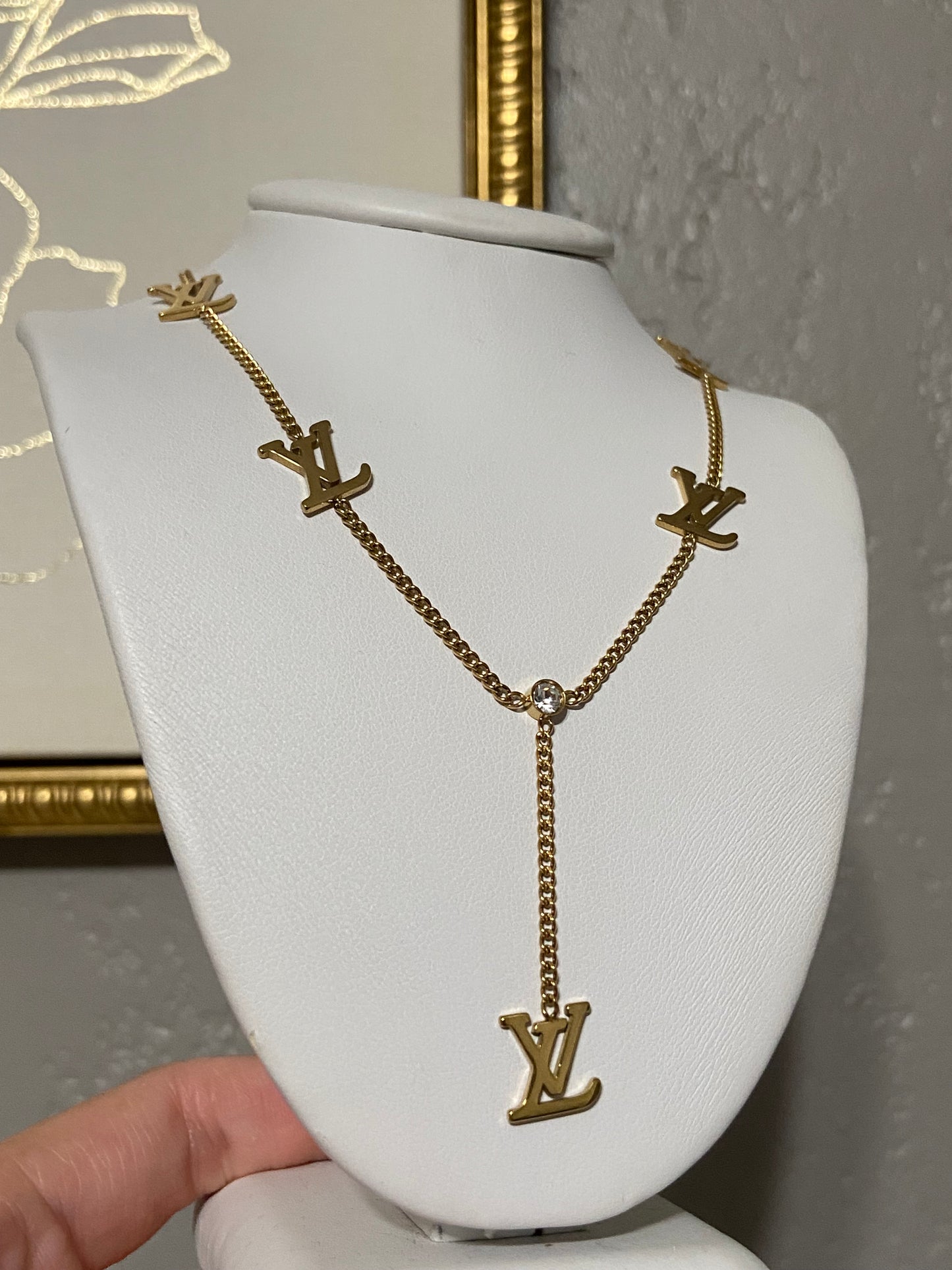 LV Dainty Stainless Steel Lariat CZ Gold Necklace