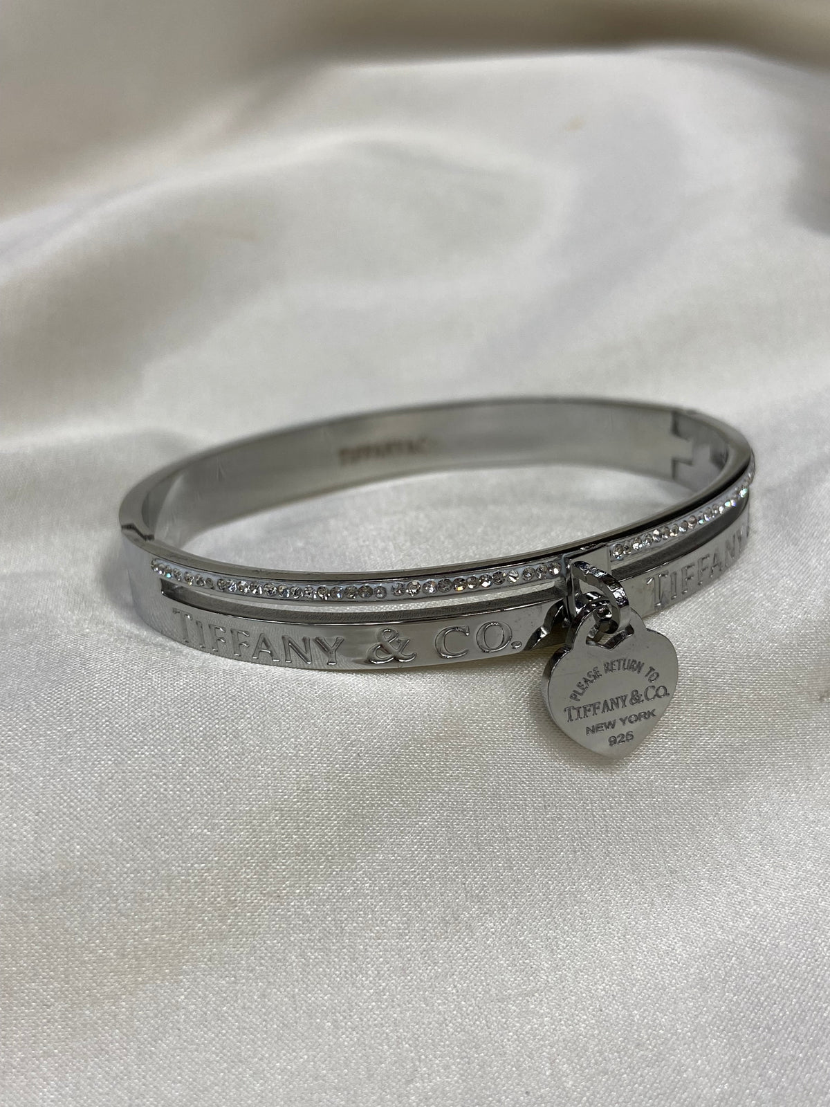 Tiff & Co Silver CZ Stainless Steel Heart Bangle