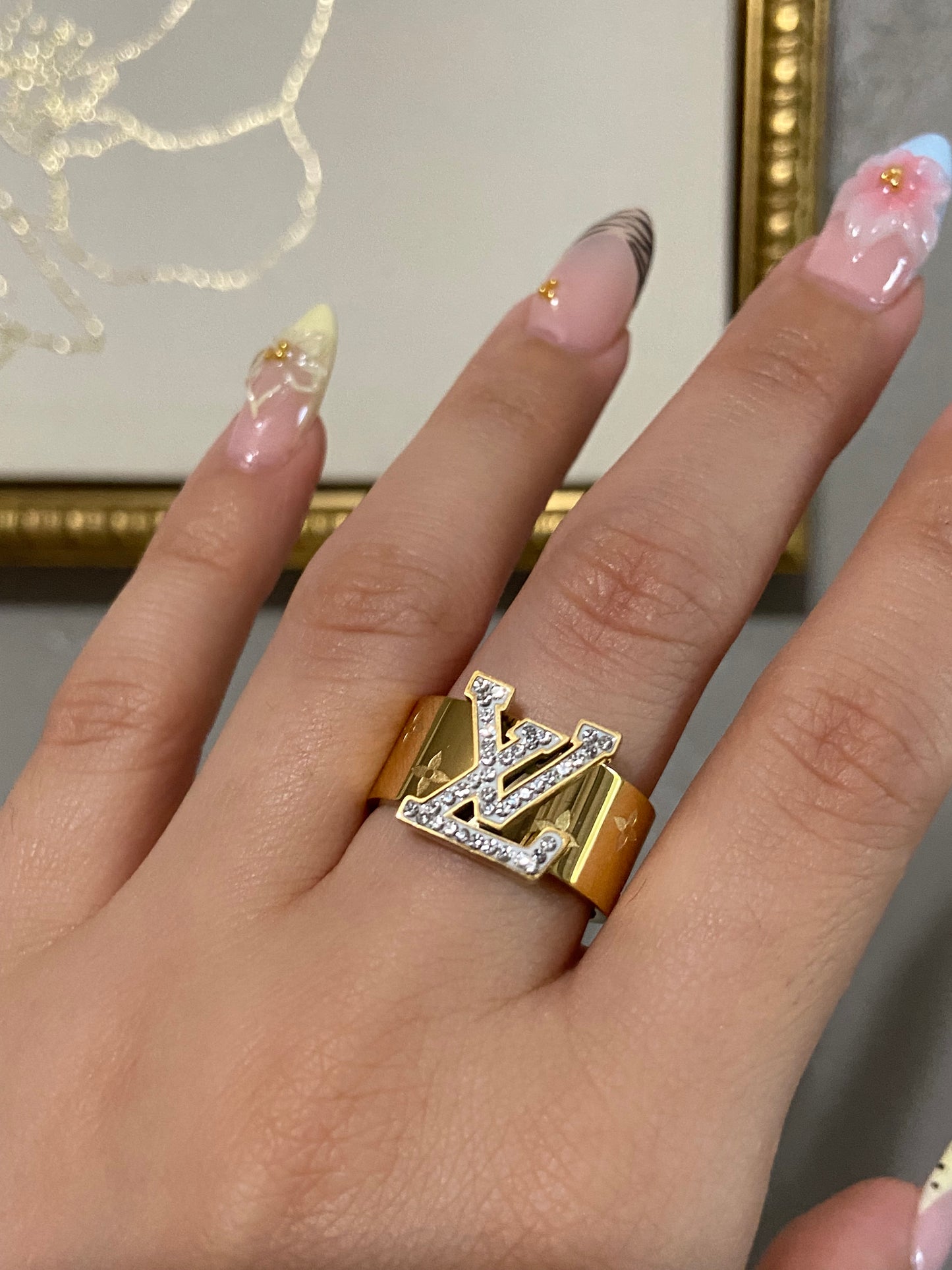 LV CZ Stainless Steel Gold Ring