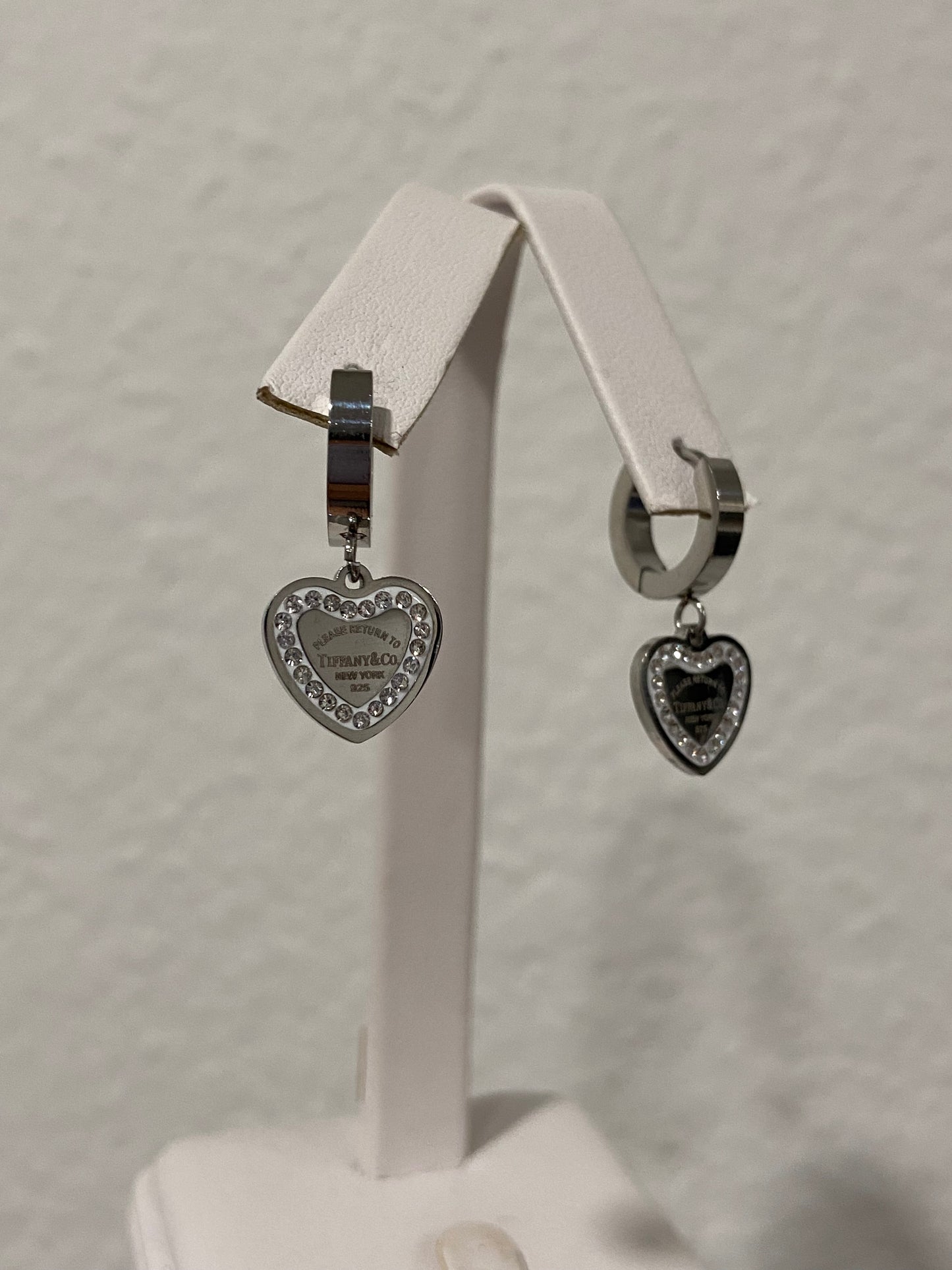 Tiff & Co Silver CZ Stainless Steel Heart Huggies