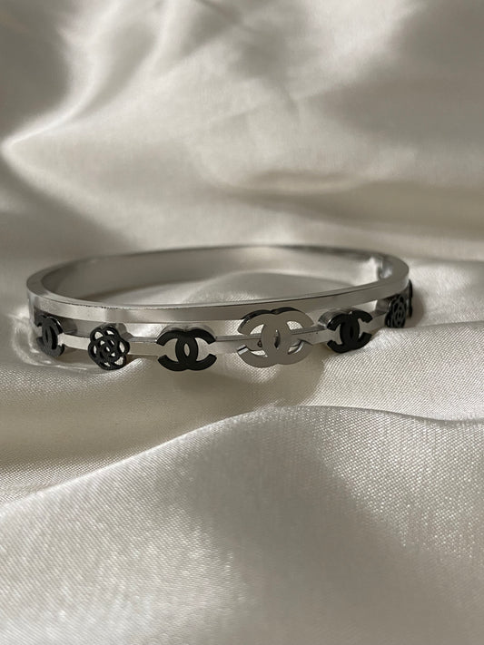 Silver Stainless Steel CC Rose Bangle