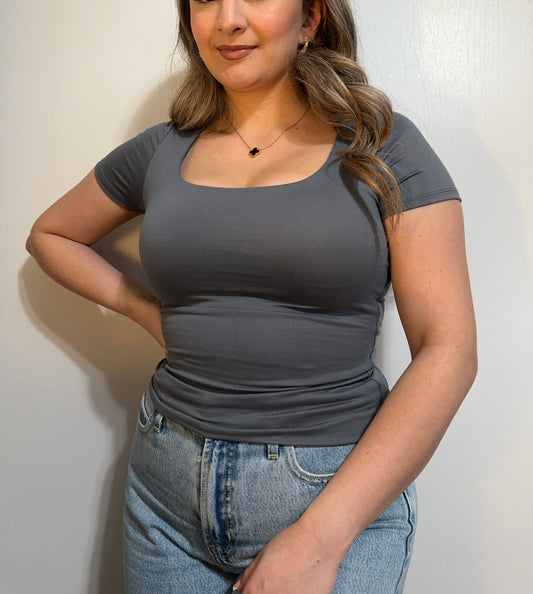 Double Layered Short Sleeve Top - Charcoal Grey
