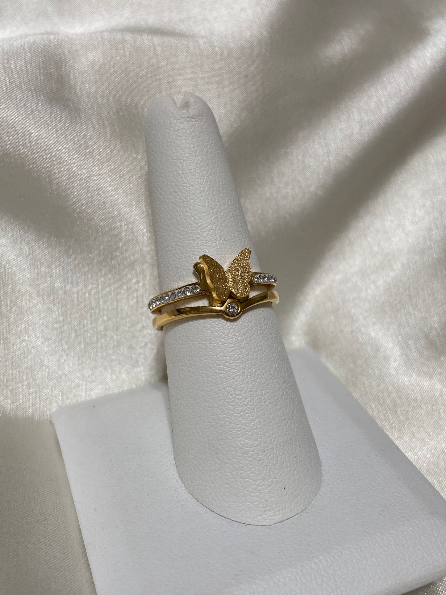 Gold Butterfly CZ Stainless Steel Ring