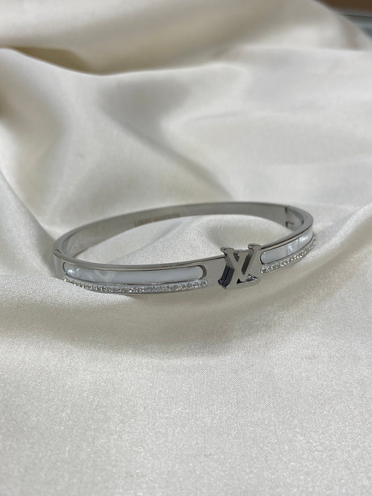 LV Mother of Pearl CZ Stainless Steel Silver Bangle