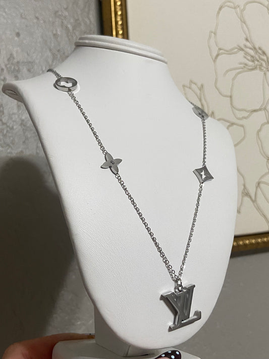 Silver LV Stainless Steel Necklace
