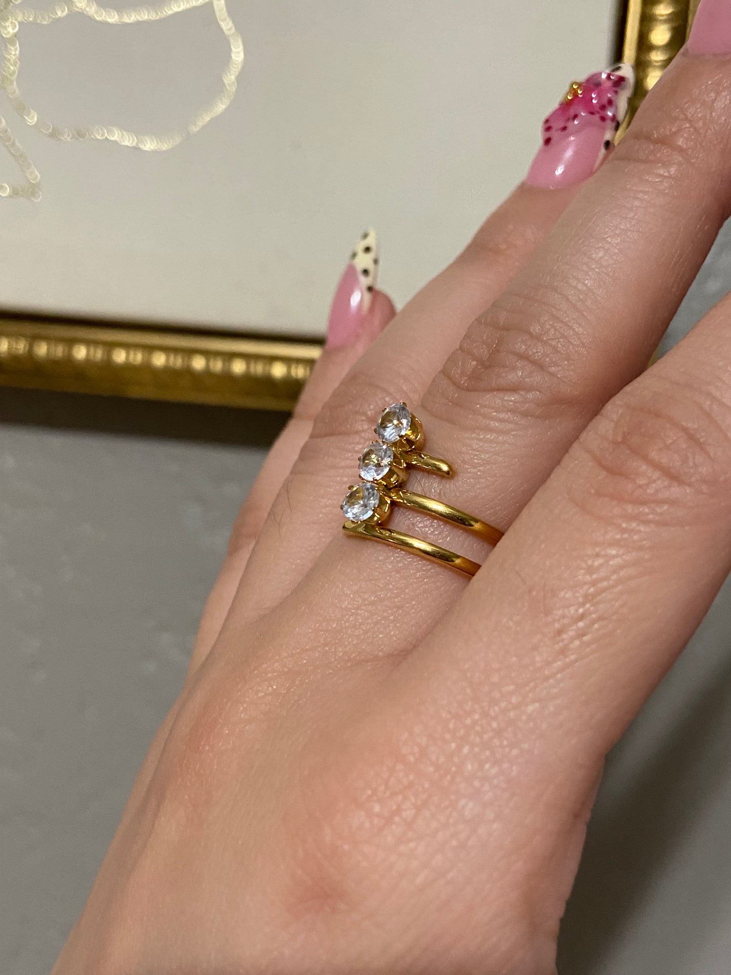 CZ Trio Stainless Steel Gold Ring