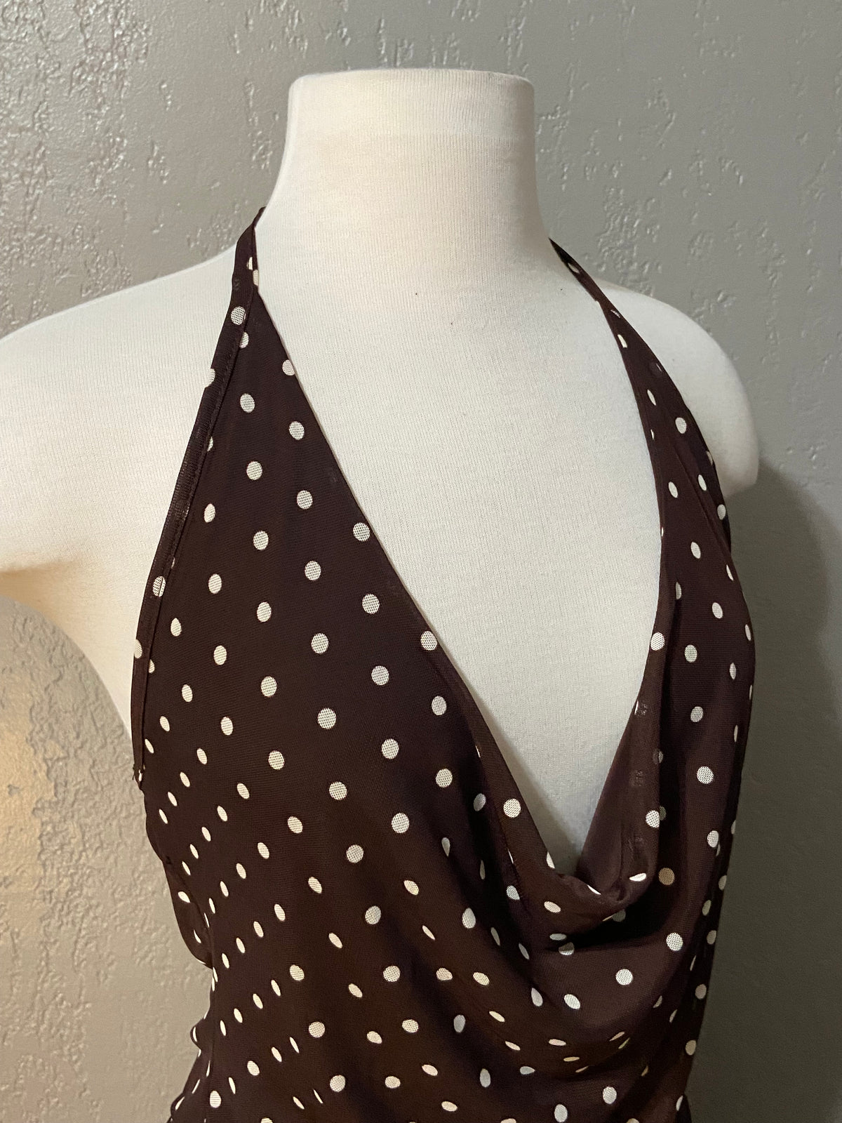 Brown Polka Dot Halter Tie Mesh Top
