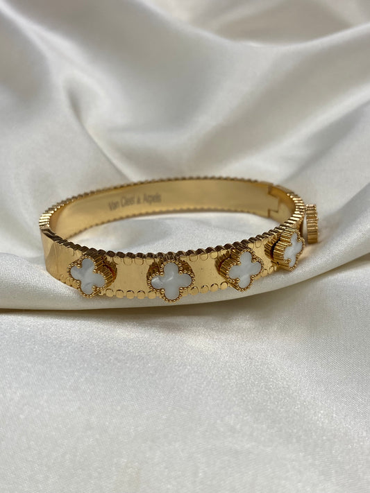 White Multi Clovers Stainless Steel Gold Bangles