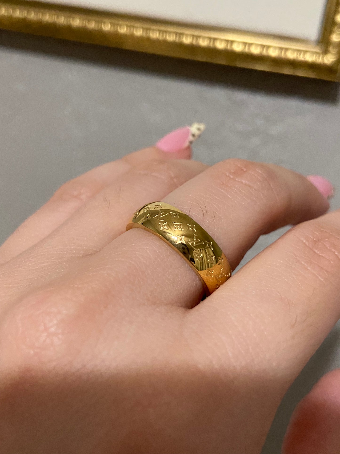 LV Monogram Stainless Steel Gold Ring