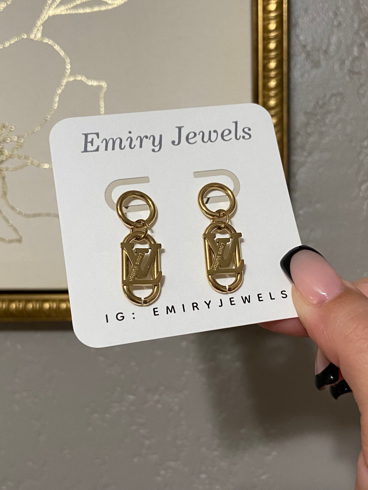 LV Stainless Steel Gold Oval Drop Earrings