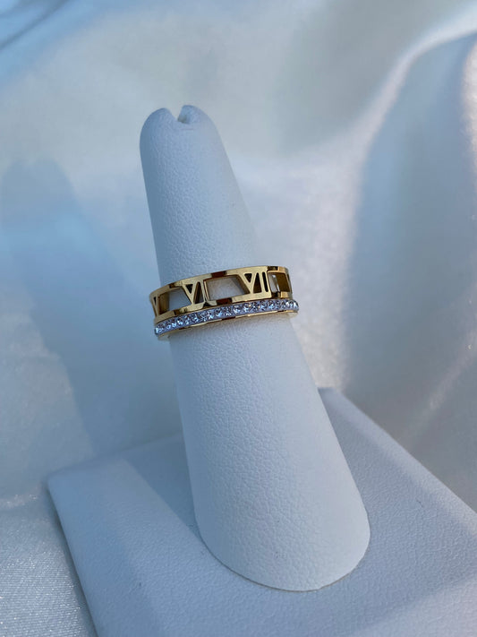 Gold CZ Layered Roman Numeral Stainless Steel Ring