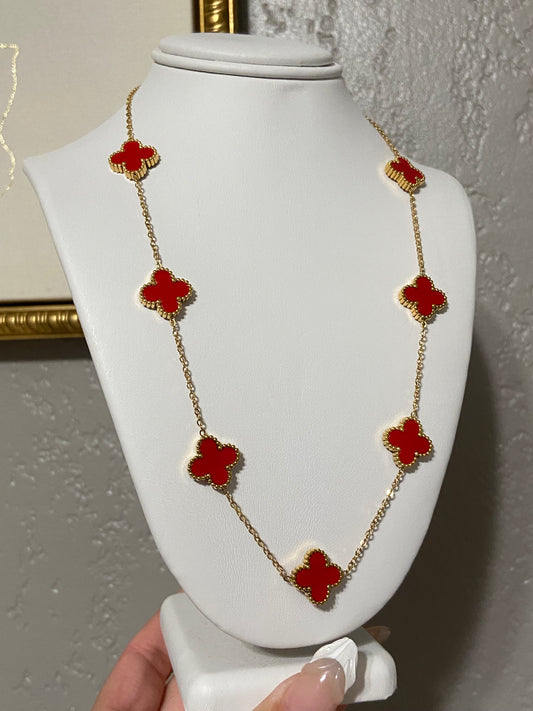 V C A Red Clovers Stainless Steel Gold Necklace