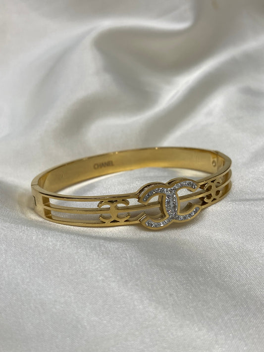 CC Stainless Steel Gold CZ Bangle