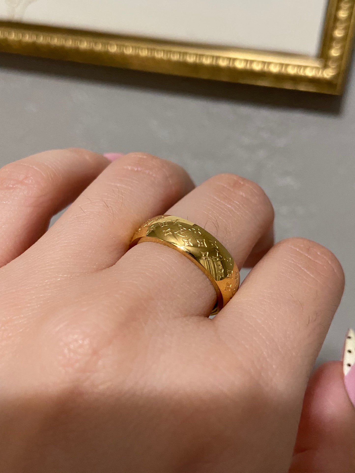 LV Monogram Stainless Steel Gold Ring