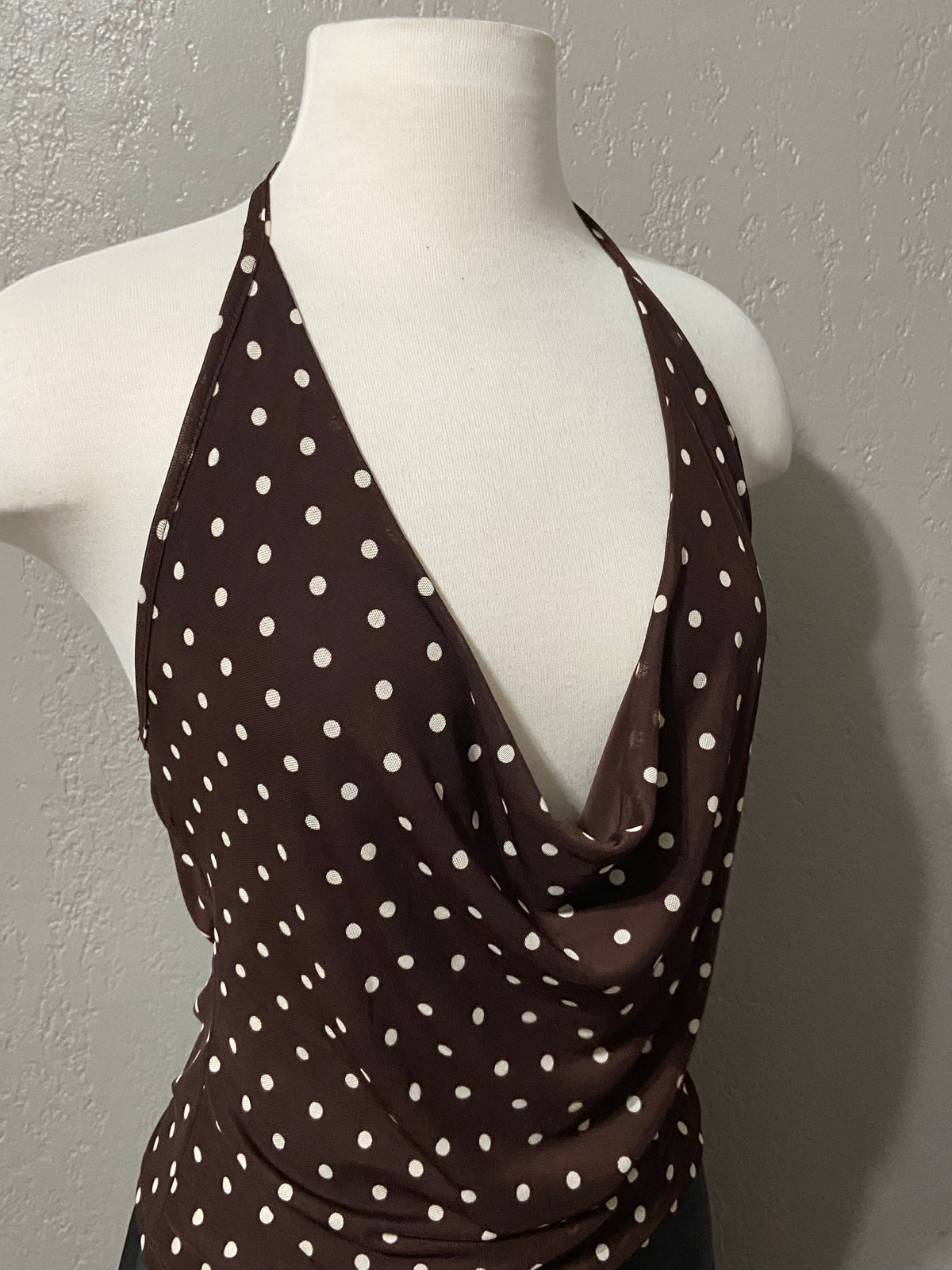 Brown Polka Dot Halter Tie Mesh Top