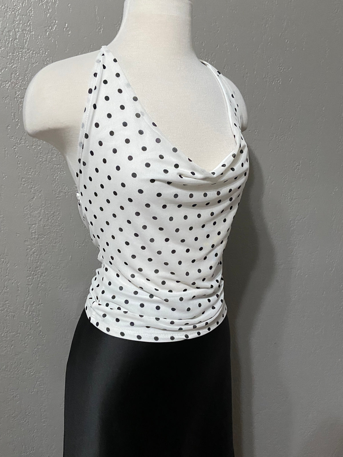 White Polka Dot Halter Tie Mesh Top